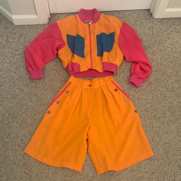 Vtg 90s Y2K Gamma of Los Angeles Colorblock Rave bright crop jacket & short XS - Picture 1 of 5